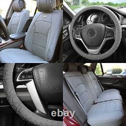Solid Gray Leatherette Seat Cushion Full Set Covers with Gray Steering Cover