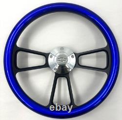 Steering Wheel 14 Black Billet 5-Hole Metallic Blue Wrap Polished Chevy Horn