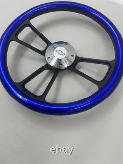 Steering Wheel 14 Black Billet 5-Hole Metallic Blue Wrap Polished Chevy Horn