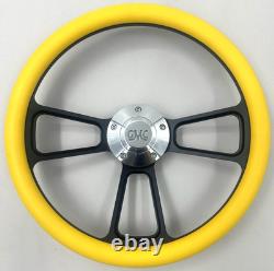 Steering Wheel 14 Black Billet 5-Hole Yellow Wrap Polished Retro GMC Horn
