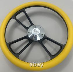 Steering Wheel 14 Black Billet 5-Hole Yellow Wrap Polished Retro GMC Horn