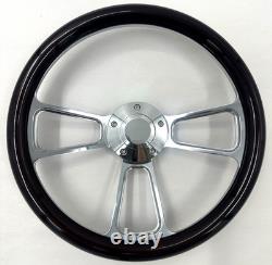 Steering Wheel 14 Polished Billet 5-Hole Dark Wood Wrap Polished Plain Horn