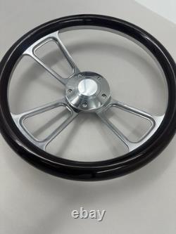 Steering Wheel 14 Polished Billet 5-Hole Dark Wood Wrap Polished Plain Horn