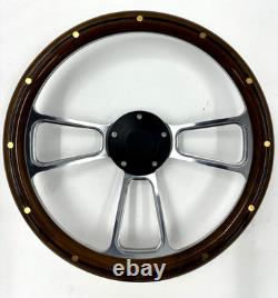 Steering Wheel 14 Polished Billet 5-Hole Wood Wrap Brass Rivets Black Horn