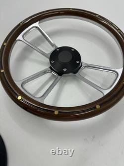 Steering Wheel 14 Polished Billet 5-Hole Wood Wrap Brass Rivets Black Horn