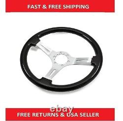 Steering Wheel Black Wood With Brushed Silver 3-Spokes 14 Fits 1968-82 Corvette