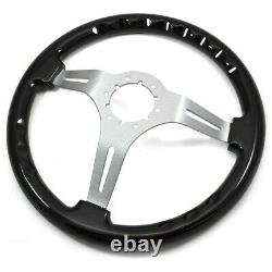 Steering Wheel Black Wood With Brushed Silver 3-Spokes 14 Fits 1968-82 Corvette