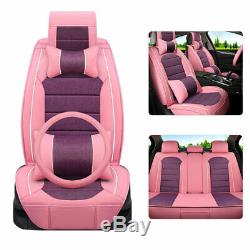US Cute Girl Car Seat Covers Pink PU Leather Universal Fits 5-Sits SUV Cushion