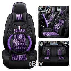 Universal 5-Seat Car Seat Cover PU Leather&Ice Silk Cushion+Steering Wheel Cover