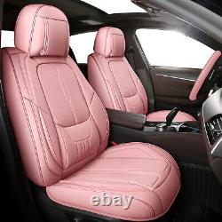Universal 5-Seats Leather Car Seat Covers Full Set & Steering Wheel Covers Pink