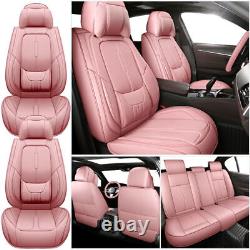 Universal 5-Seats Leather Car Seat Covers Full Set & Steering Wheel Covers Pink