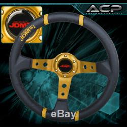 Universal 6 Bolt 350mm Black Gold Steering Wheel Deep Dish Leather Jdm Euro
