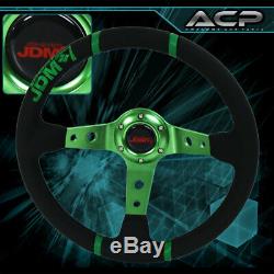 Universal 6 Bolt 350mm Black Green Steering Wheel Deep Dish Leather Jdm Euro