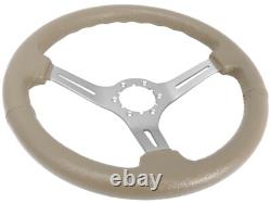 VSW 14 inch Tan Leather Steering Wheel, 6-Bolt Brushed Spoke, 2.5 inch Dish