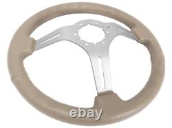 VSW 14 inch Tan Leather Steering Wheel, 6-Bolt Brushed Spoke, 2.5 inch Dish