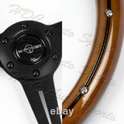 W-Power 350MM Classic Dark Wood Grip 6-Holes Black Spoke 14-Inch Steering Wheel