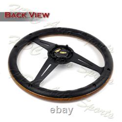 W-Power 350MM Classic Dark Wood Grip 6-Holes Black Spoke 14-Inch Steering Wheel