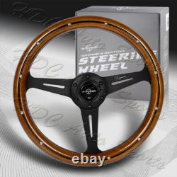 W-Power 350MM Classic Dark Wood Grip 6-Holes Black Spoke 14-Inch Steering Wheel