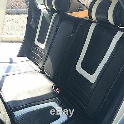White+Carbon Fiber Seat Cover Shift Knob Steering Wheel PVC Leather Sedan 34011d