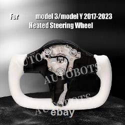 White For Tesla Model 3/Y 2017-2023 Yoke Steering Wheel with Heated Nappa leather