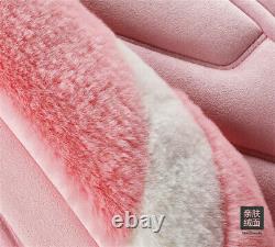 Winter 5 Seats Auto Car Seat Cover Cushions+Steering Wheel Cover Plush Fur Pink